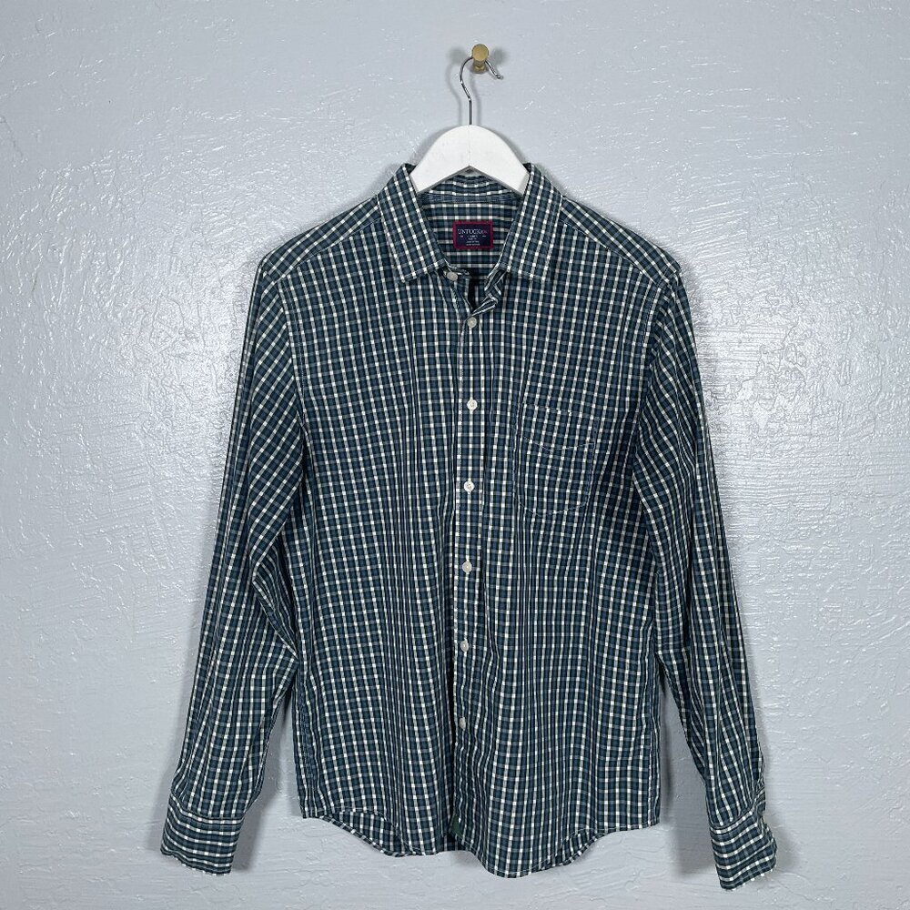 UNTUCKit Men L Blue White Plaid Rocchetta Long Sleeve Button Up Shirt Slim Fit